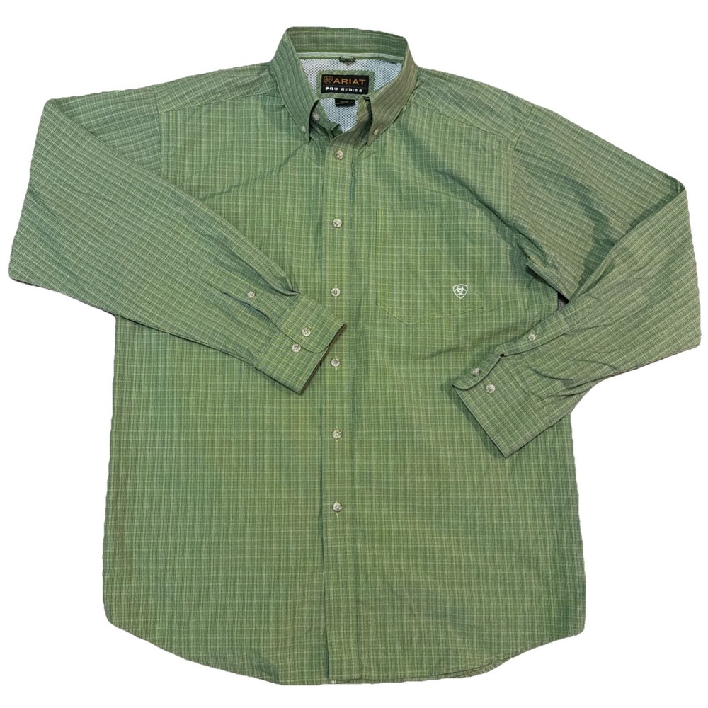Ariat‎ Pro Series Men M Green Lined Long sleeve Shirt Logo Vented Rodeo Work